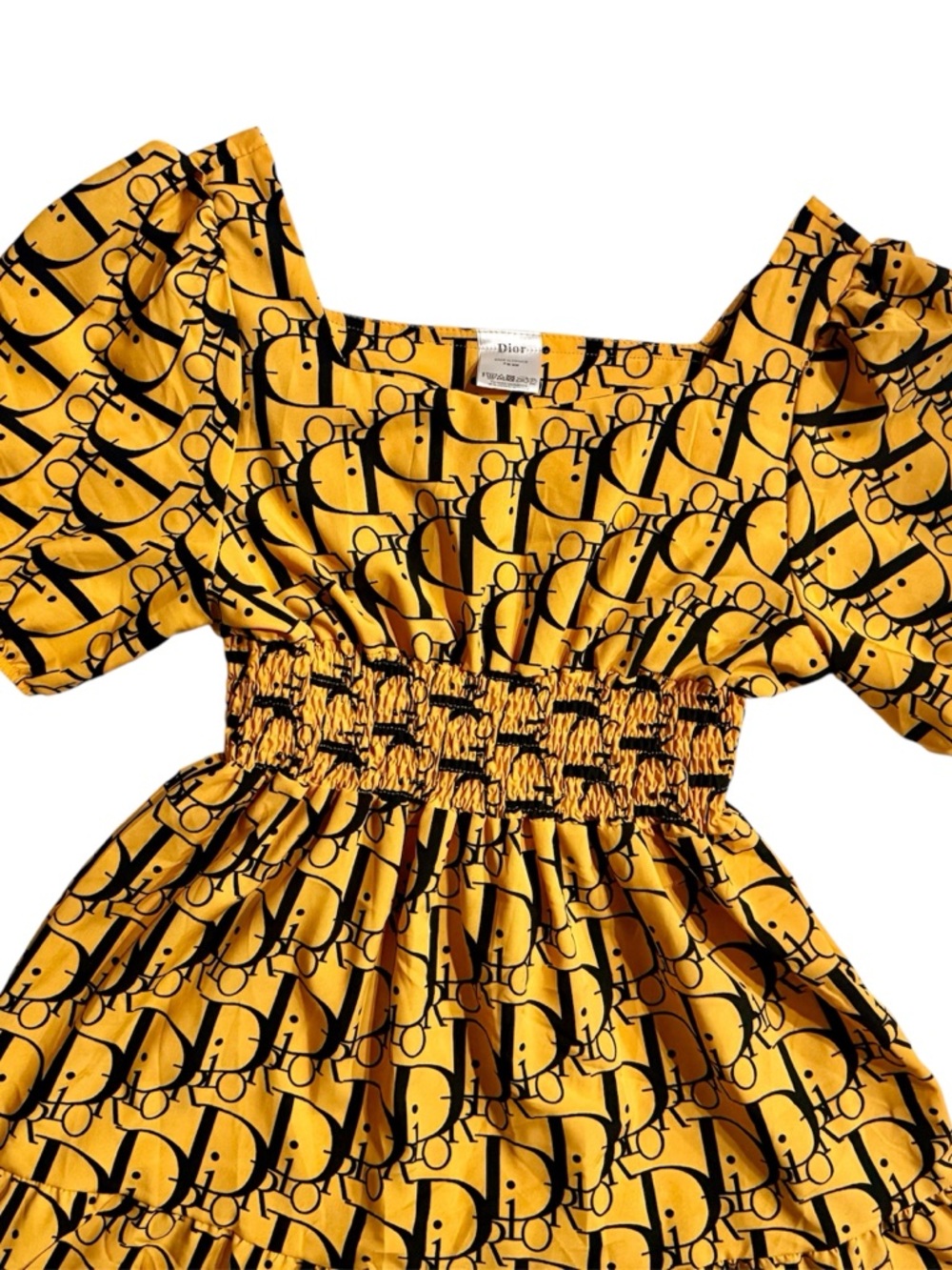 Midi length dress square neck line, mustard yellow & black Dior print fabric - Picture 6 of 15